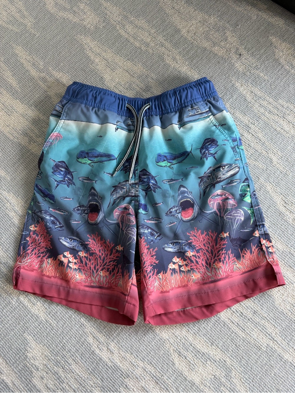 Peter Millar Boys Medium Ocean Shark Print Swim Trunks